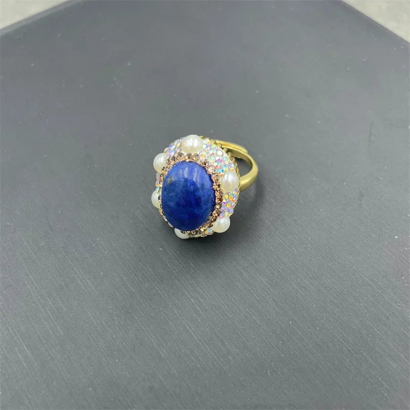 Unique Natural Lapis lazuli Gemstone Jewelry Set for Women AB Rhinestone Freshwater Pearl Quartz Necklace Rings Lady Dress Acces