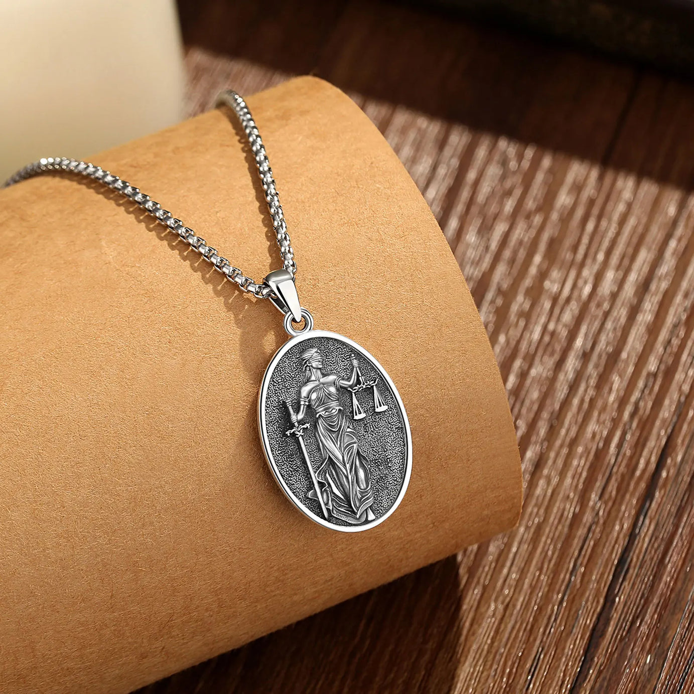 S925 Sterling Silver Themis Goddess of Justice Pendant Necklace, Sword & Scales Wicca Talisman