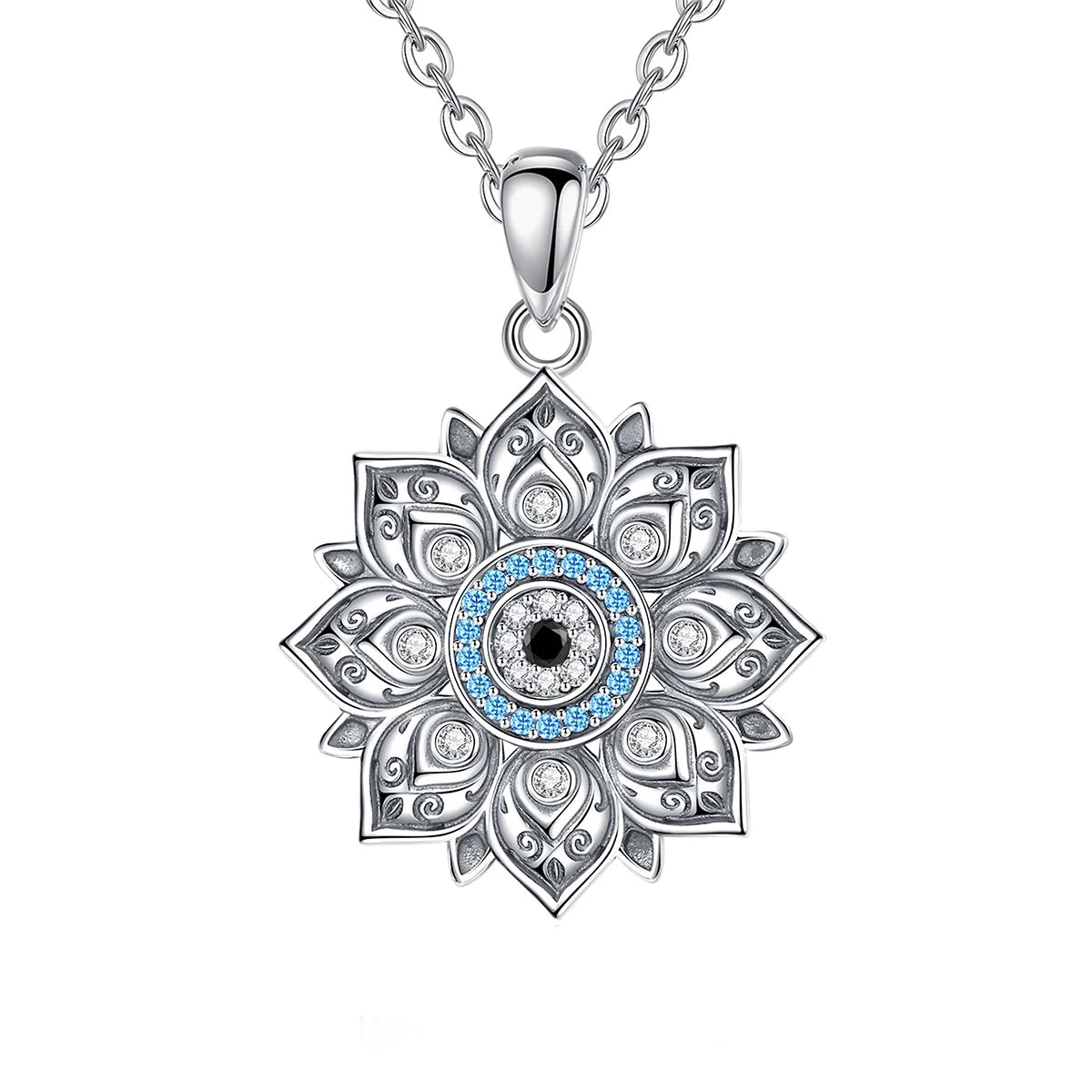 Eudora 925 Sterling Silver Lotus Evil Eye Necklace for Women Man Vintage Evil Eye Lotus Flower Pendant Personality Jewelry Gift
