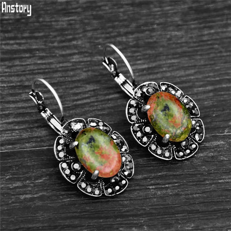 Vintage Plumflower Natural Lapis Lazuli Rhinestone Earrings For Women Tibetan Silver Plated Natural Stone Tiger Eye Earring - Charlie Dolly