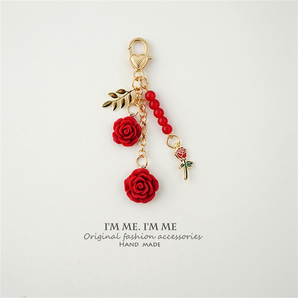 8colors 3D Rose Camellia Keychain Women Girls Sweet Pearl Tassel Flower Keyring With Metal Leaf For Earphone Case Bag Decoration - Charlie Dolly