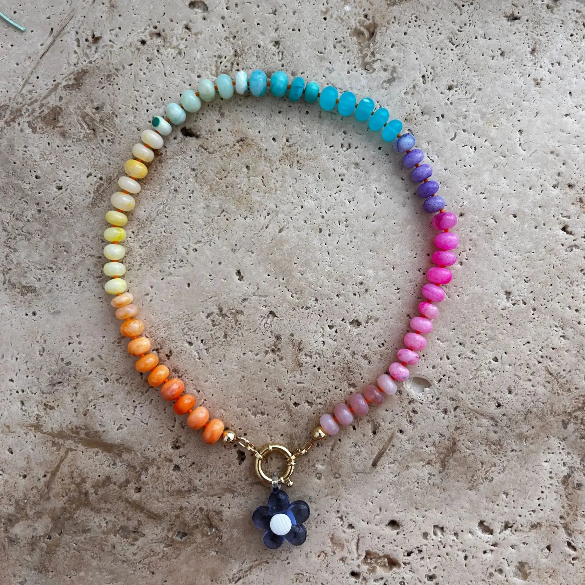 Women Chunky Gemstone Rainbow Boho Bead Choker Natural Stone Surfer Beach Necklaces 14K Gold Plated Summer Handmade Jewelry