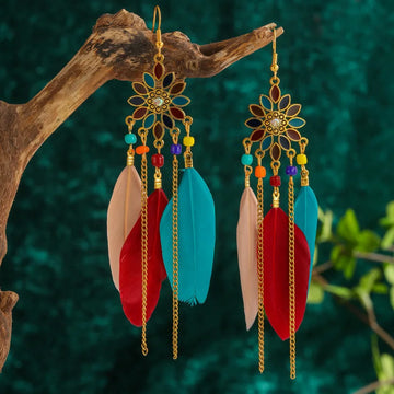 Boho Ethnic Colorful Feather Earring For Women Bohemian Tassel Chain Drop Dangle Earring Girls Elegant Party Jewelry