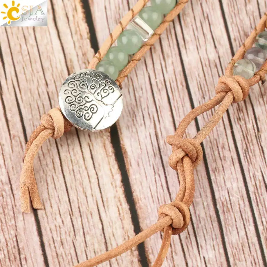 CSJA Boho Natural Stone Braided Bracelet for Women Green Aventurine Beads Handmade Wrap Bracelets Balance Bangle Jewelry G118
