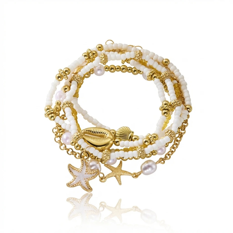 Shell and Starfish Pearl Beaded Stackable Bracelet Set (6 Pieces)