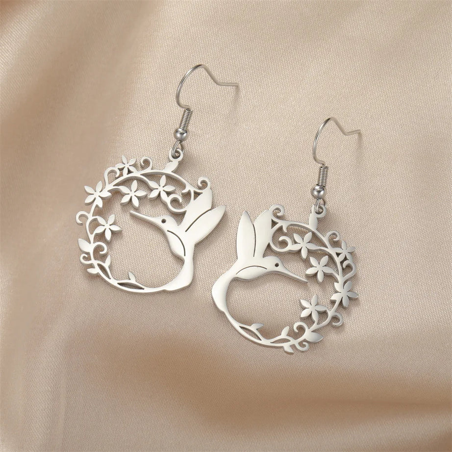 Hummingbird Filigree Flower Dangle Earrings Jewelry