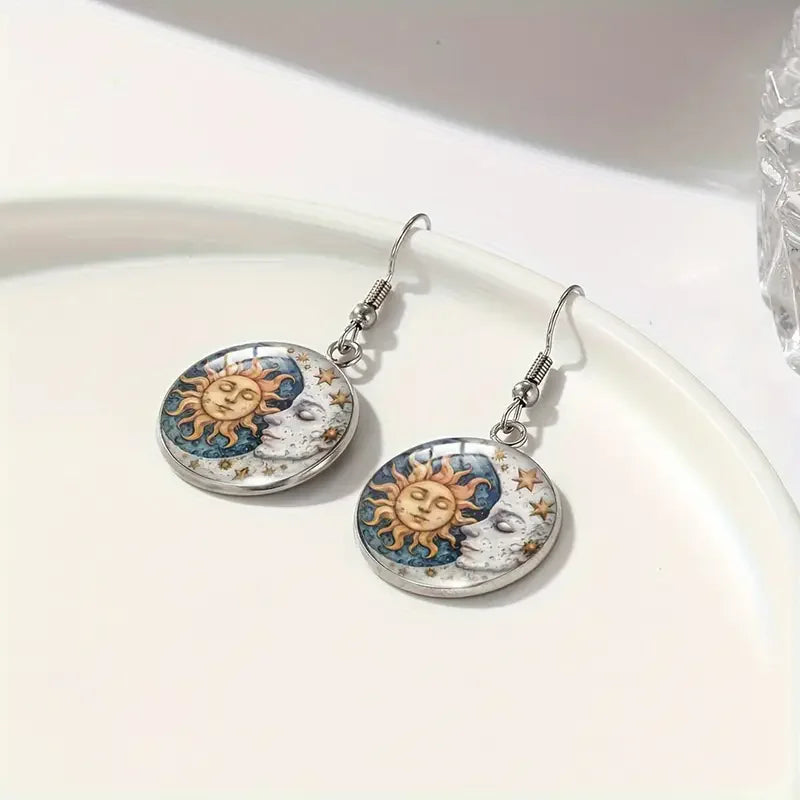 Boho Moon And Sun Earrings Stainless Steel Glass Celestial & Horoscope Dangle Earrings For Women