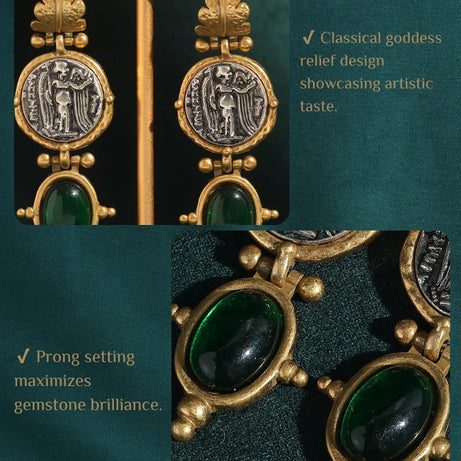 Vintage Emerald Green Stone Dangle Earrings, Antique Gold Coin Boho Jewelry