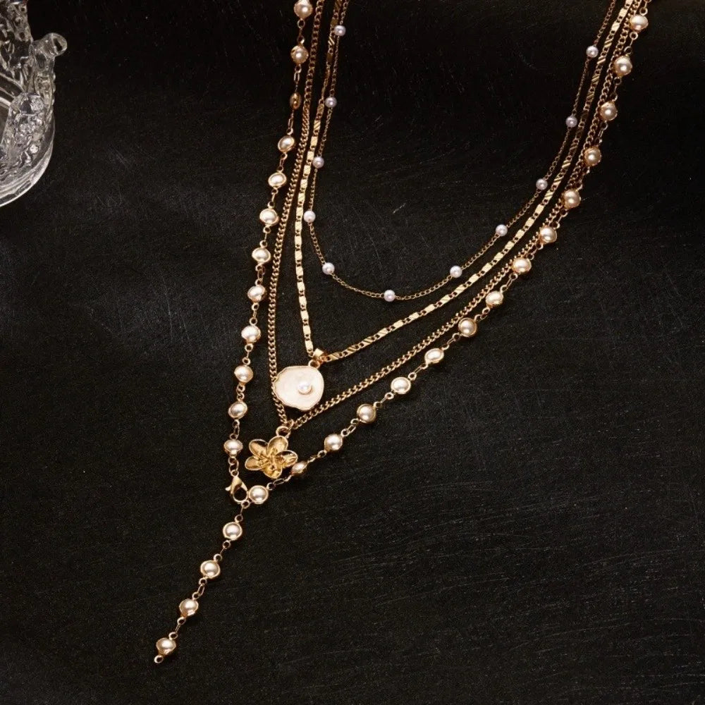 Pearl Flower Pendant Tassel Choker Necklace Jewelry