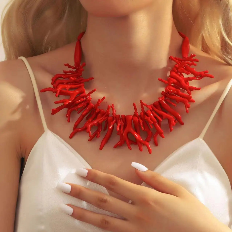 Red Resin Coral Double Layer Necklace Jewelry