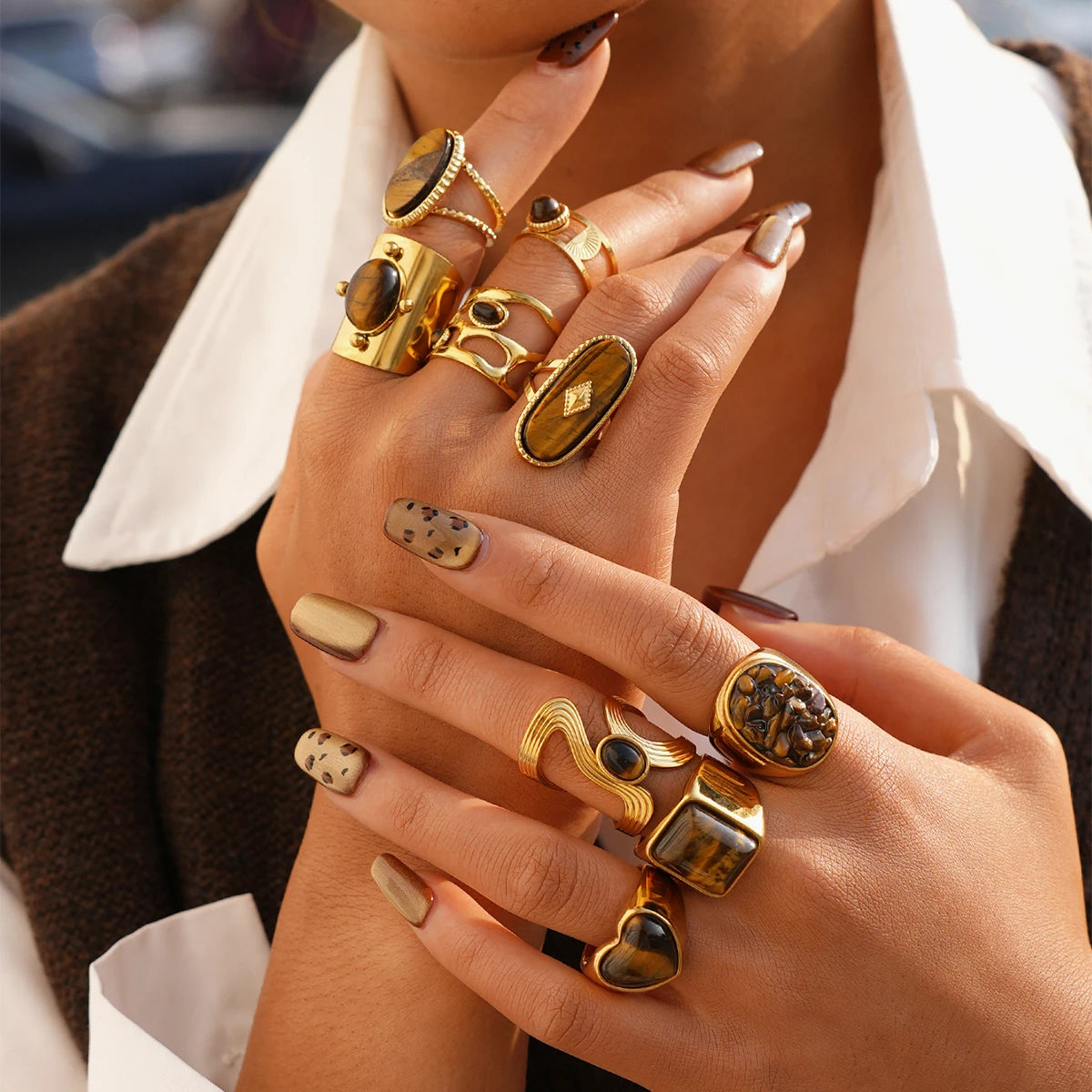 Creative Gold Plated Stainless Steel Rings for Women Simple Geometric Natural tiger Stone Finger Ring Boho Vintage Jewelry Gift