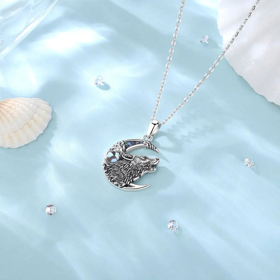 Wolf on the Moon Necklace with Moonstone, S925 Sterling Silver