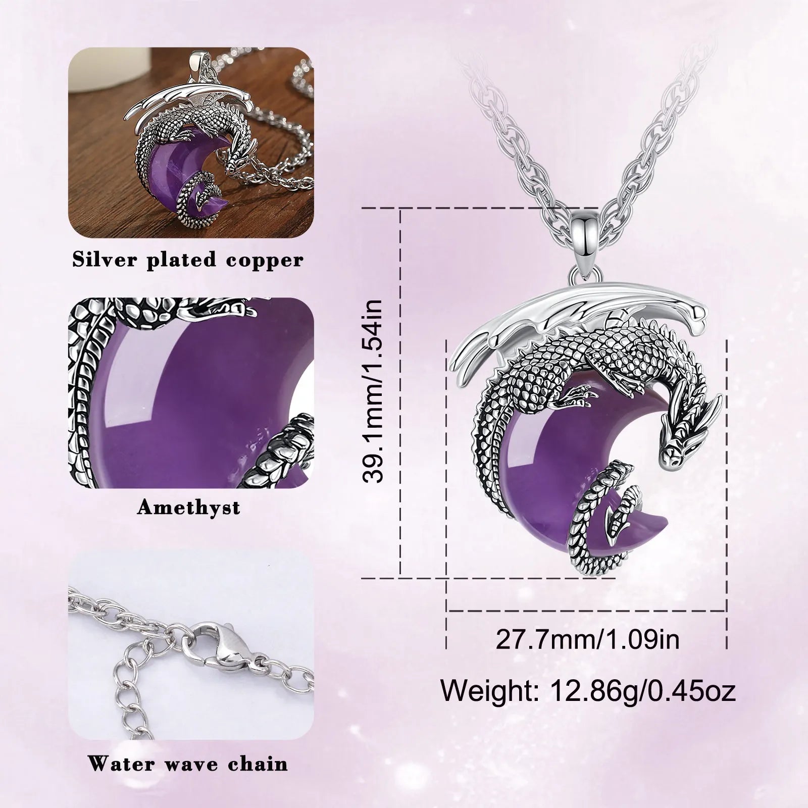 Eudora Dragon Crescent Moon Natural Amethyst Necklace Healing Crystal Stone Pendant Spiritual Jewelry Gift for Women Men