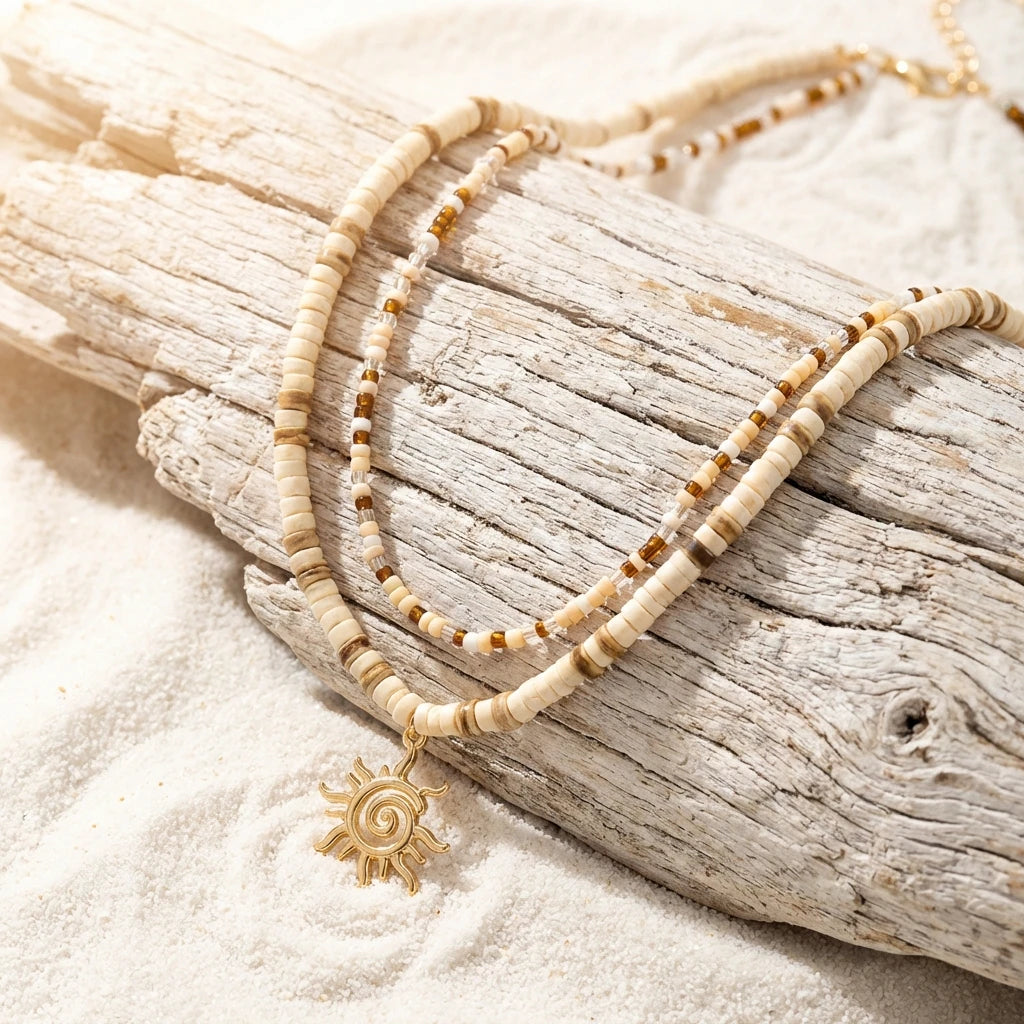 2pcs Boho Coconut Shell Wood Beads Necklaces Set for Women Men Vintage Sun Pendant Necklaces Summer Beach Party Jewelry Gifts
