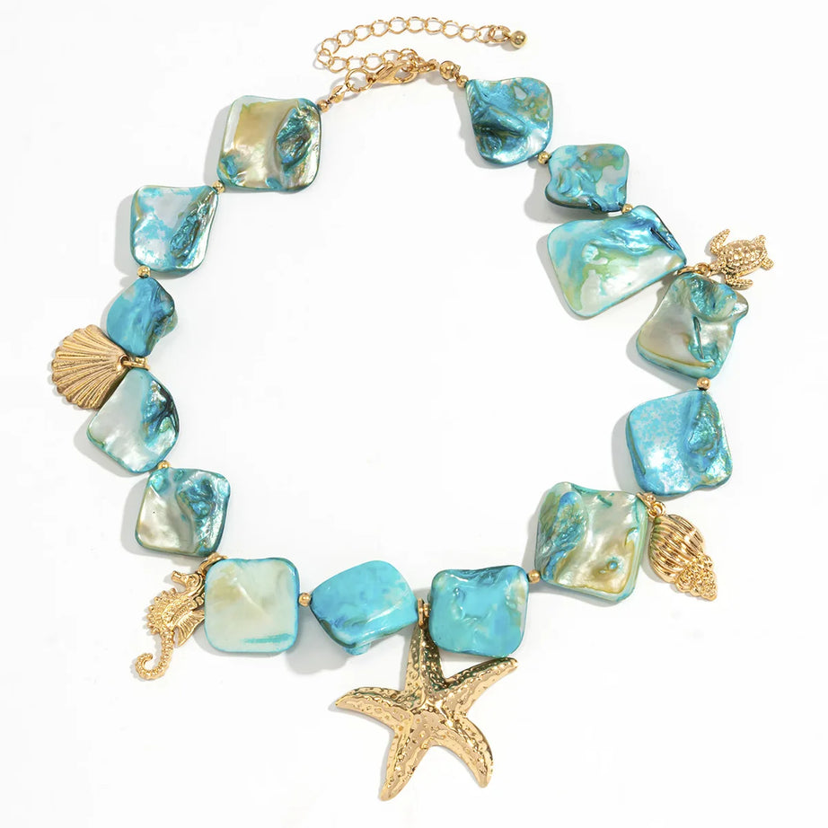 Sea Turtle, Conch and Starfish Blue Stone Woven Necklace