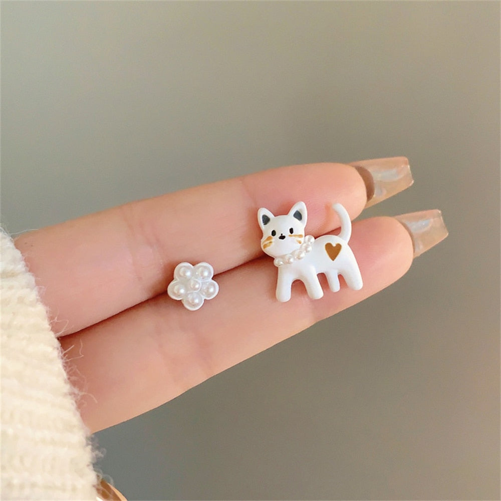 Korean Fashion Bow Rabbit Asymmetric Dangle Earrings for Women Sweet Cute Cartoon Kitten Flower Tassel Earrings Jewelry Gifts - Charlie Dolly