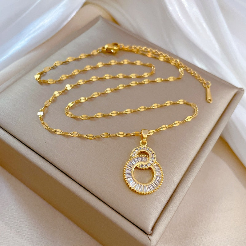 DIEYURO 316L Stainless Steel Crossover Circles Pendant Necklace For Women Girl Luxury Choker Charm Chain Jewelry Gift Party - Charlie Dolly