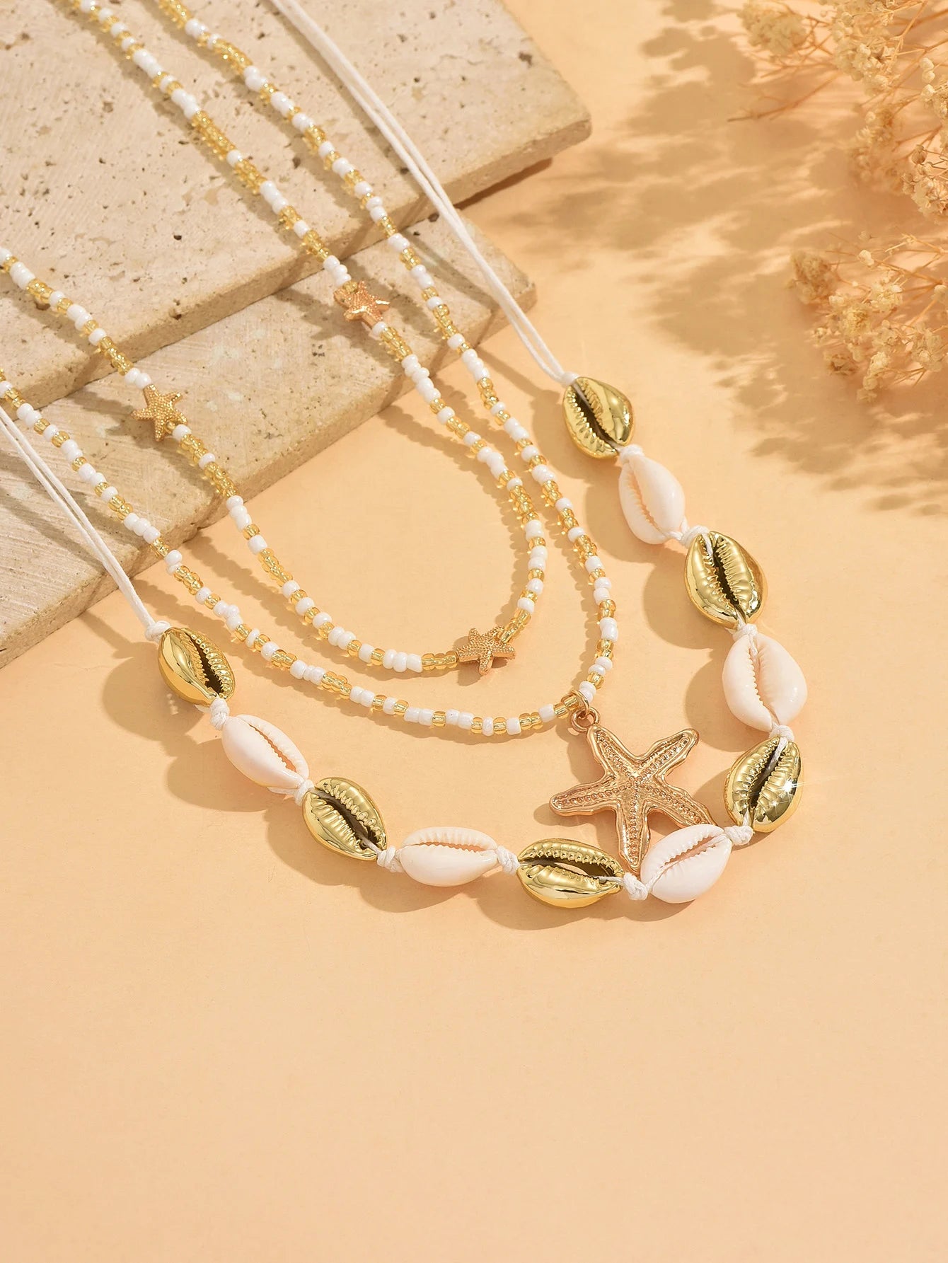 Women's Boho 3 Layered Cowrie Shell Starfish Beaded Necklace Summer Beach Festival Vacation Gift Fashion Jewelry Accessory
