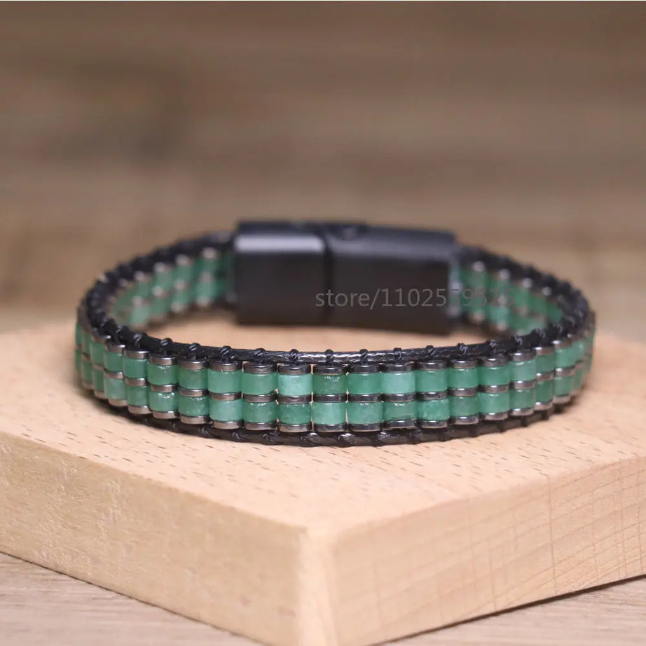 Natural stones Boho Handmade Braided Green Aventurine Beaded Magnetic fastener Bracelet for Men and Women Healing Jewelry - Charlie Dolly