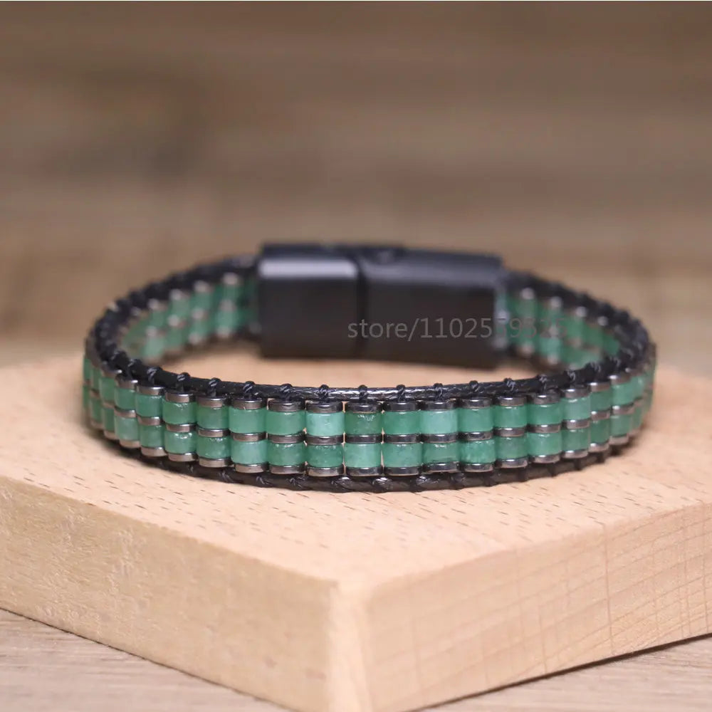 Natural stones Boho Handmade Braided Green Aventurine Beaded Magnetic fastener Bracelet for Men and Women Healing Jewelry