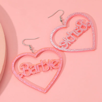 Fashion Barbie Earrings Kawaii Anime Pink Glitter Love Hollow Acrylic Earring Earring Girls Cartoon Jewelry Accessories Gift Toy
