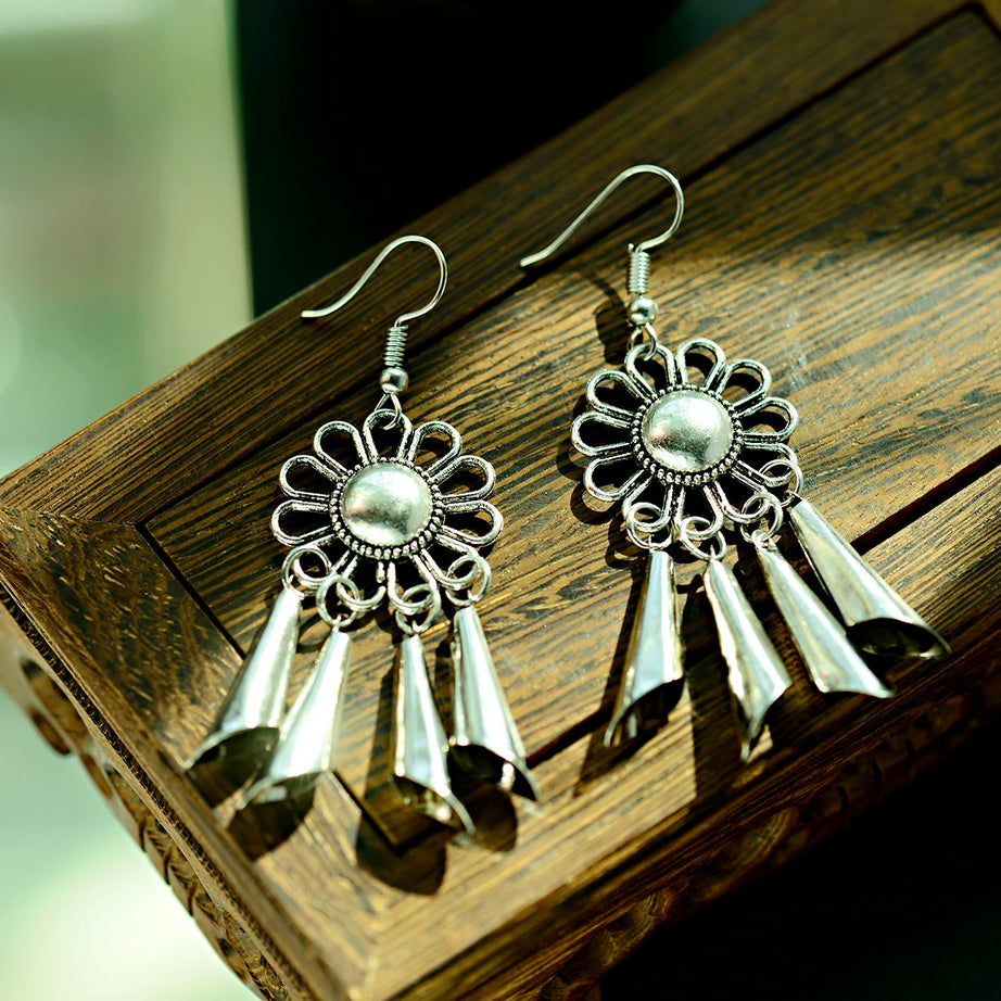 Silver Hollow Round Leaf Tassel Jhumki Earrings Jewelry
