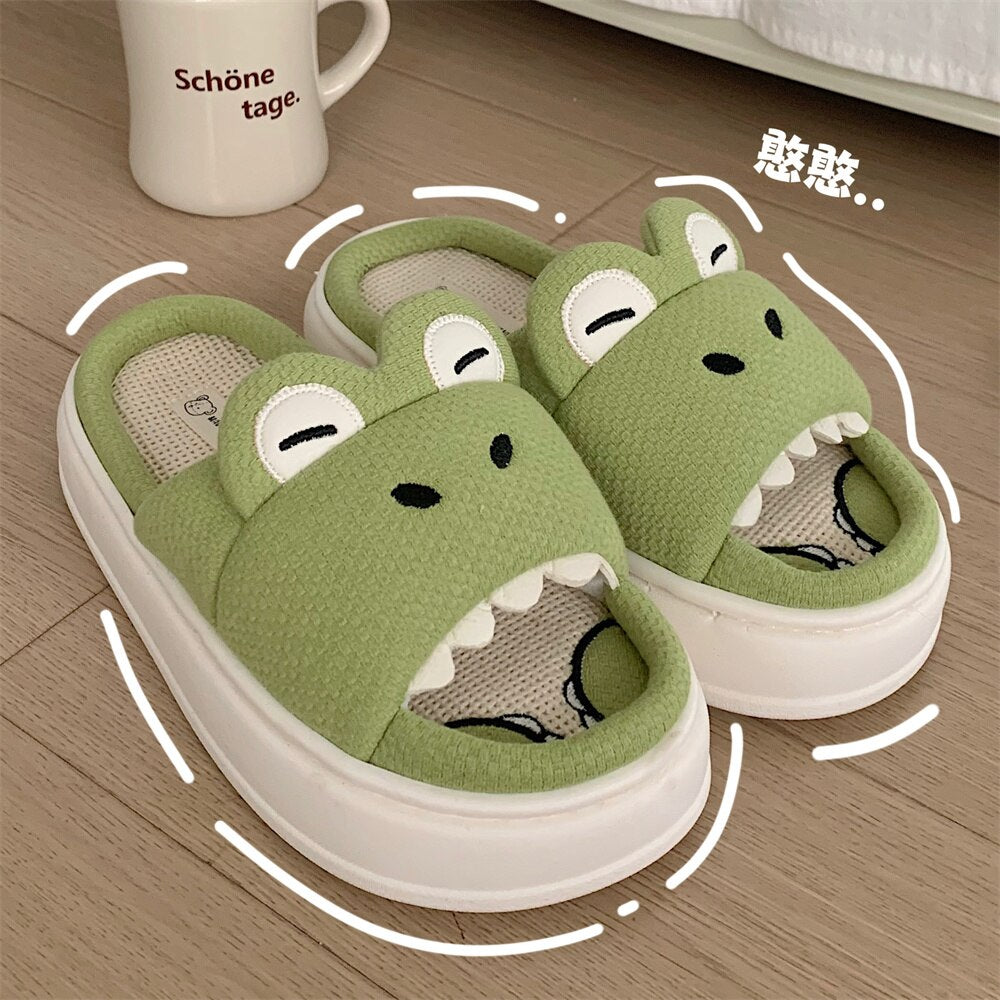 Four Seasons Universal Cute Crocodile Linen Slippers Women Spring Summer Couples Man Skid Resistant Dinosaur Animal Flip Flops - Charlie Dolly