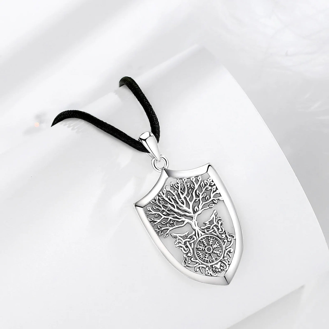 S925 Sterling Silver Viking Yggdrasil Compass Pendant Necklace, Tree of Life Wolf Norse Amulet