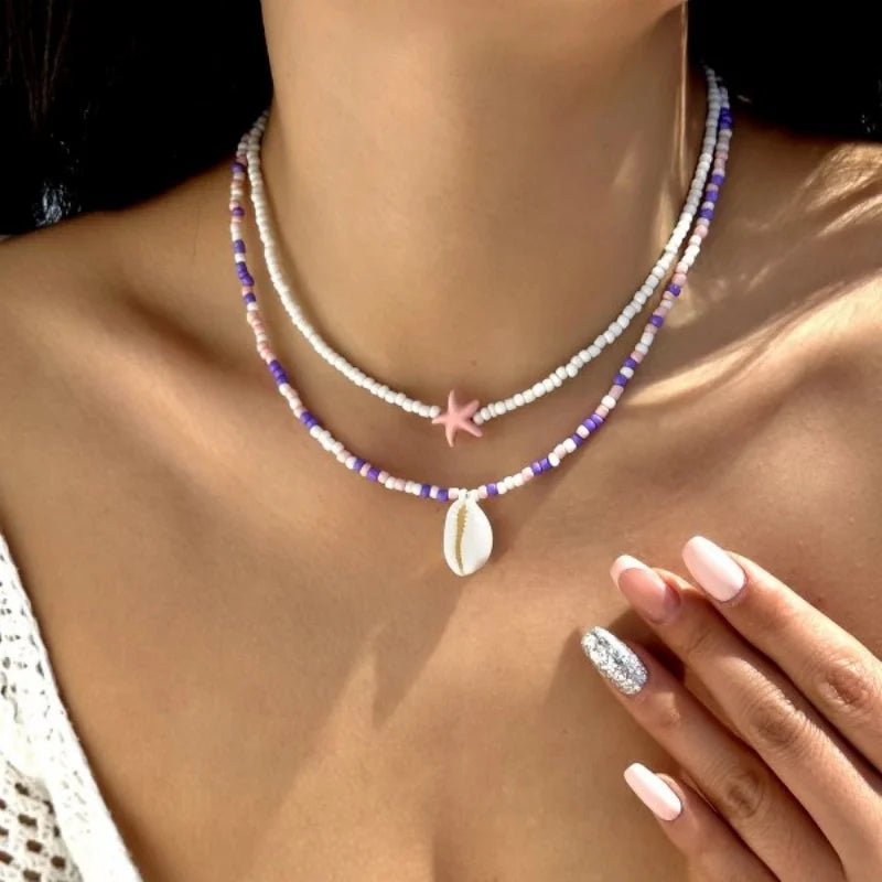 Boho Double Layer Beaded Starfish Shell Turtle Pendant Necklace Women Colorful Beads Clavicle Chain Choker Beach Party Jewelry
