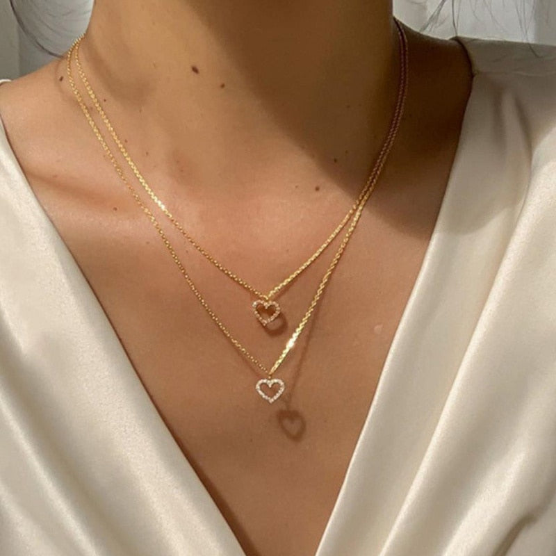 Crystal Zircon Heart Star Charm Layered Pendant Necklace Set for Women Charms Fashion Square Rhinestone Female Vintage Jewelry - Charlie Dolly