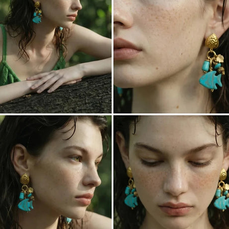Blue Stone Fish Drop Earrings, 18K Gold Ocean Summer Stainless Steel Jewelry