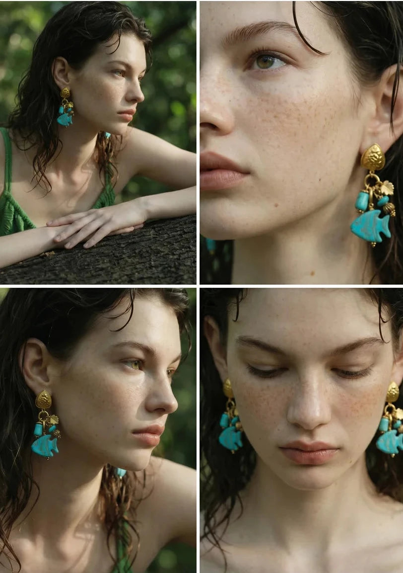 Blue Stone Fish Drop Earrings, 18K Gold Ocean Summer Stainless Steel Jewelry