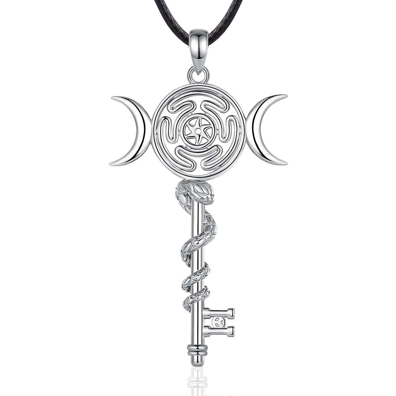 Sterling Silver 925 Hekate Wheel Triple Moon Goddess Necklace, Snake Key Witch Amulet