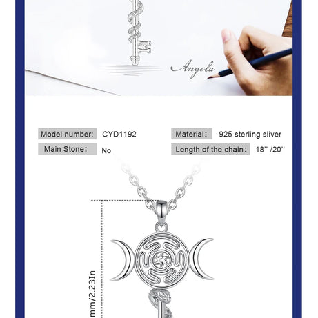 Sterling Silver 925 Hekate Wheel Triple Moon Goddess Necklace, Snake Key Witch Amulet