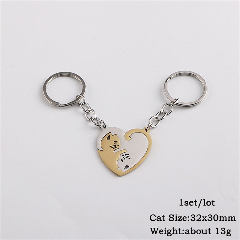 2pcs Cute Black Cat Keychain Patchwork Heart Round Couple Lovers Keyring Stainless Steel Backpack Car Key Ring Hanging Jewelry - Charlie Dolly