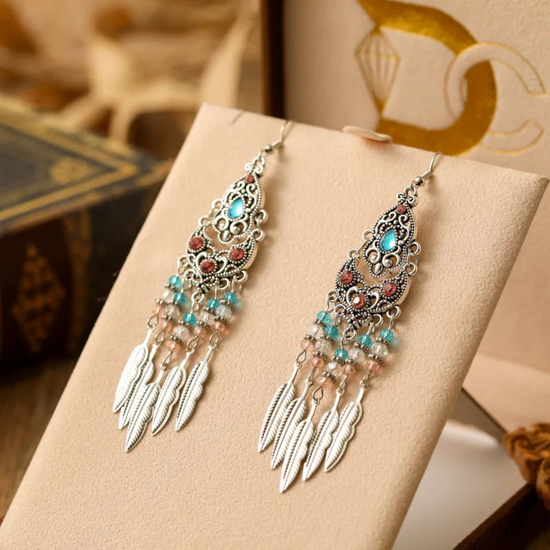 Boho Vintage Leaf Tassel Earrings For Women Geometric Crystal Rhinestone Beads Handmade Beach Vacation Drop Dangle Jewelry Gift