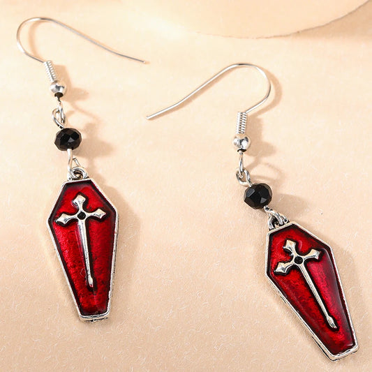 New Red Coffin Vampire Cross Earrings Punk Goth Style Long Dangle Earring for Women Girls Personality Halloween Jewelry Gifts