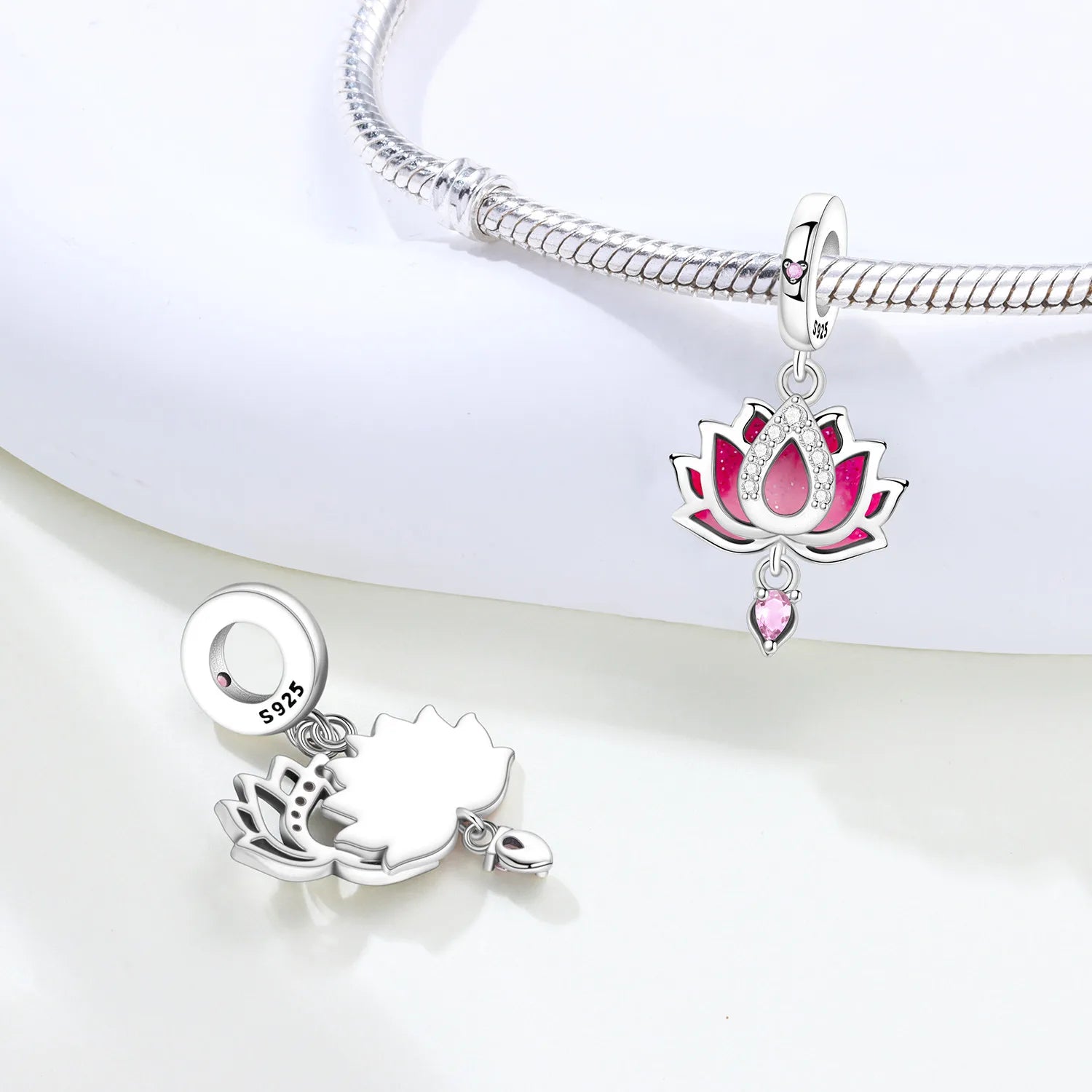 PANPOKI 925 Sterling Silver Pink Lotus Flower Charms Beads Pendant Fit DIY Bracelet Necklace Jewelry Souvenir Gifts