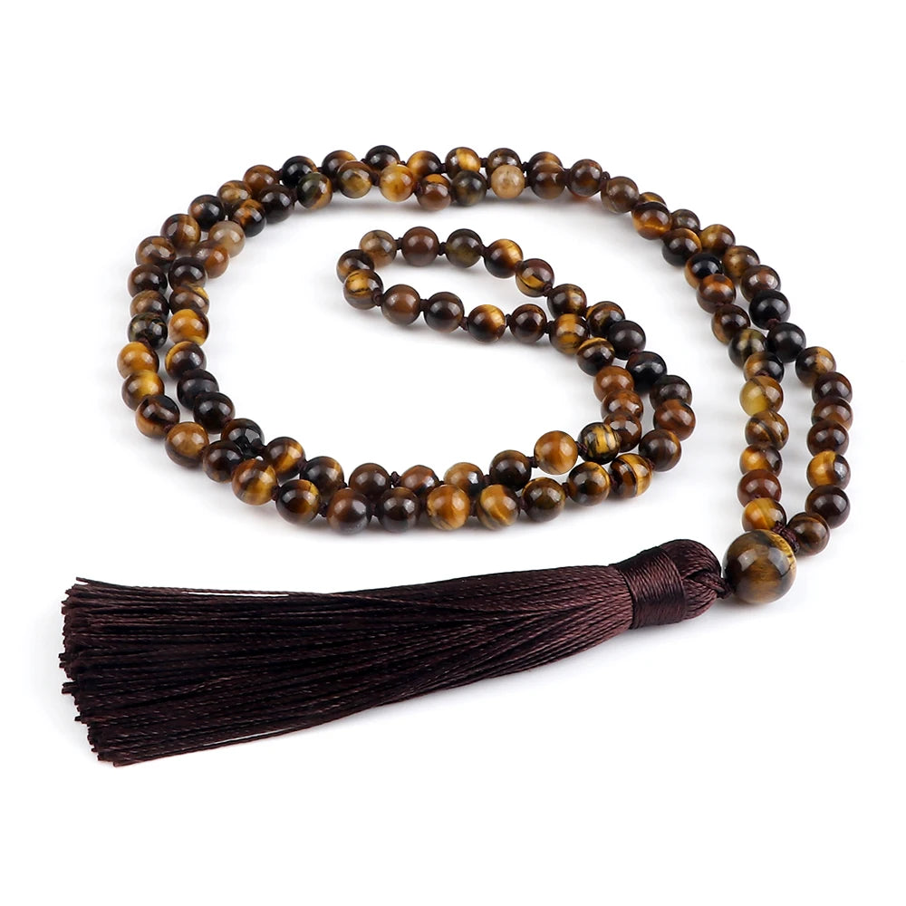 Men Natural Malachite Stones Necklaces Boho 108 Tiger Eye Beads Handmade Necklace with Tassel Yoga Medit Jewelry Gifts For Women