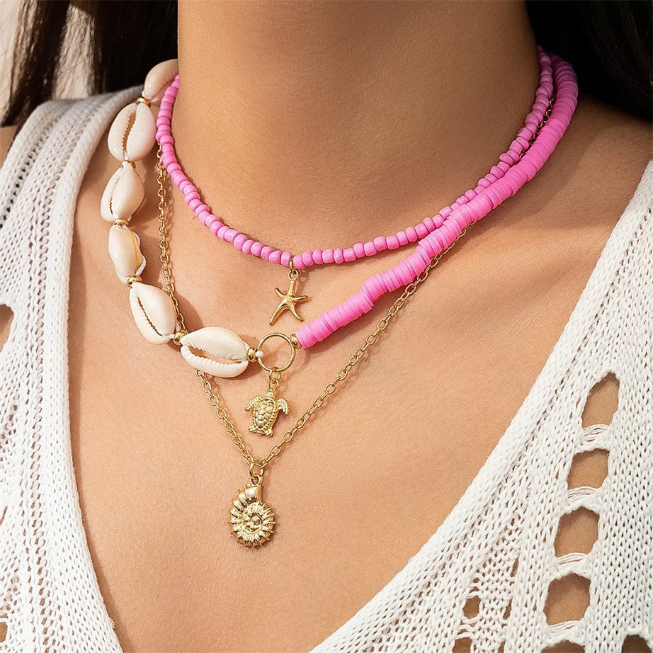 Conch Starfish Rice Bead Collar Necklace Jewelry