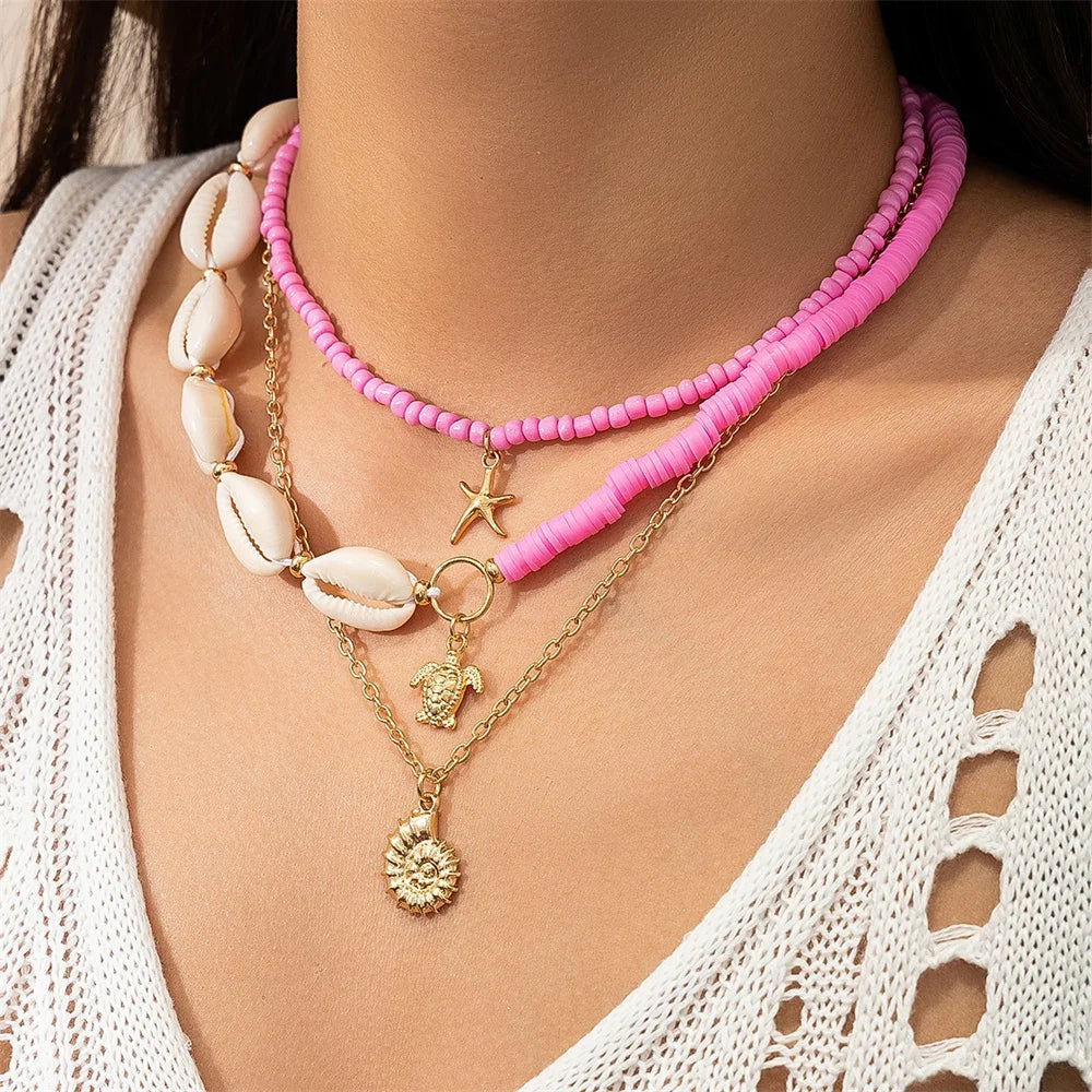 Conch Starfish Rice Bead Collar Necklace Jewelry