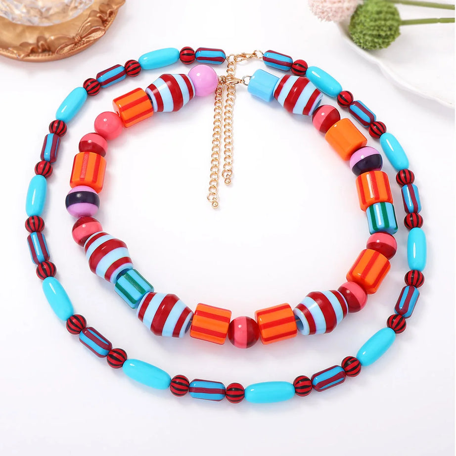 Colorful Resin Bead Double Layer Choker Necklace Jewelry