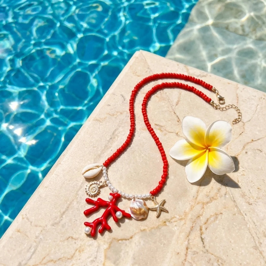 Coral, Rice Bead and Shell Boho Necklace, Earring or Ring