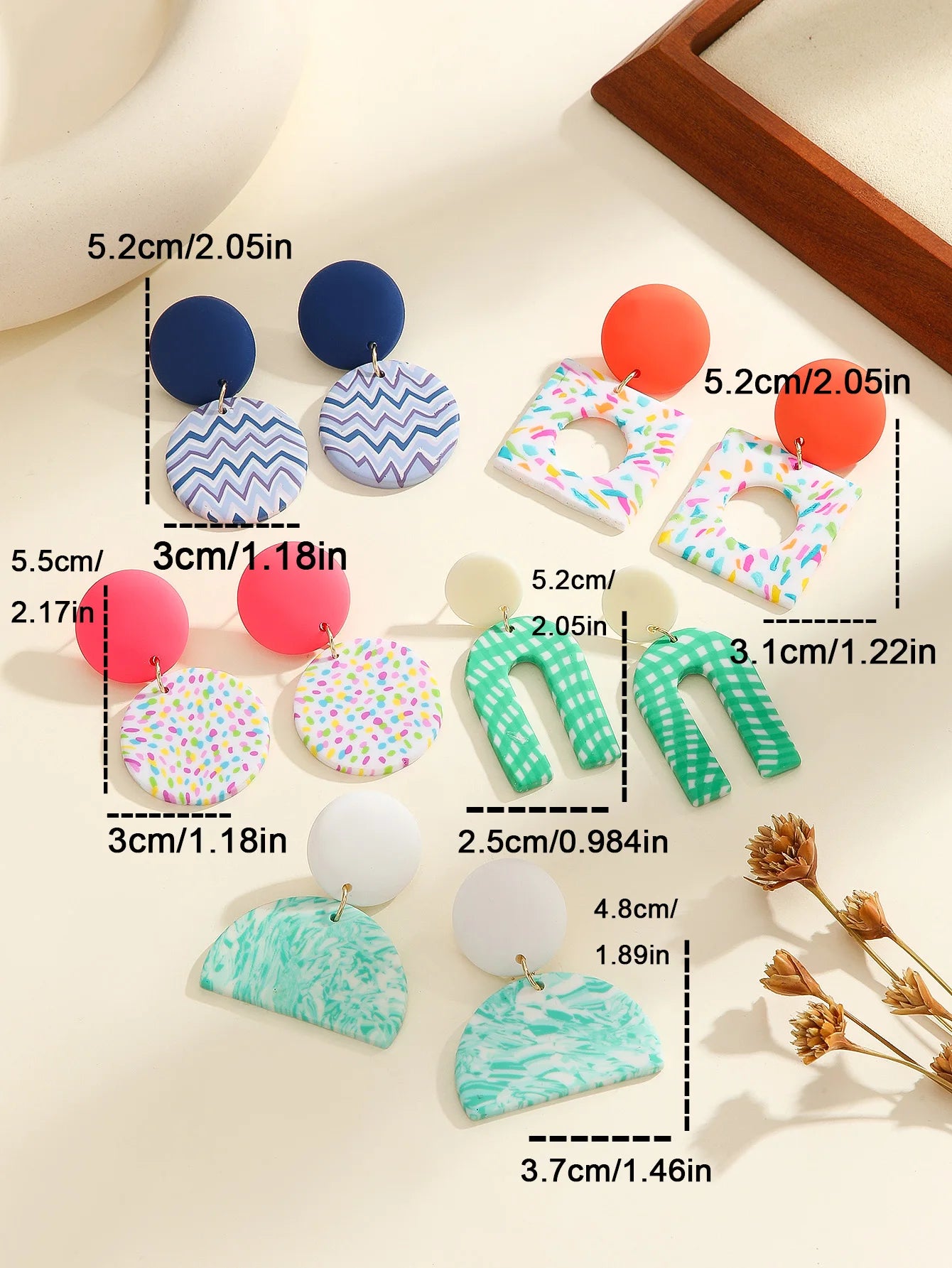 Boho Polymer Clay Earrings Lightweight Dangle Handmade Women's Chevron round Confetti Donut Square Gingham Arch Half Moon Mint