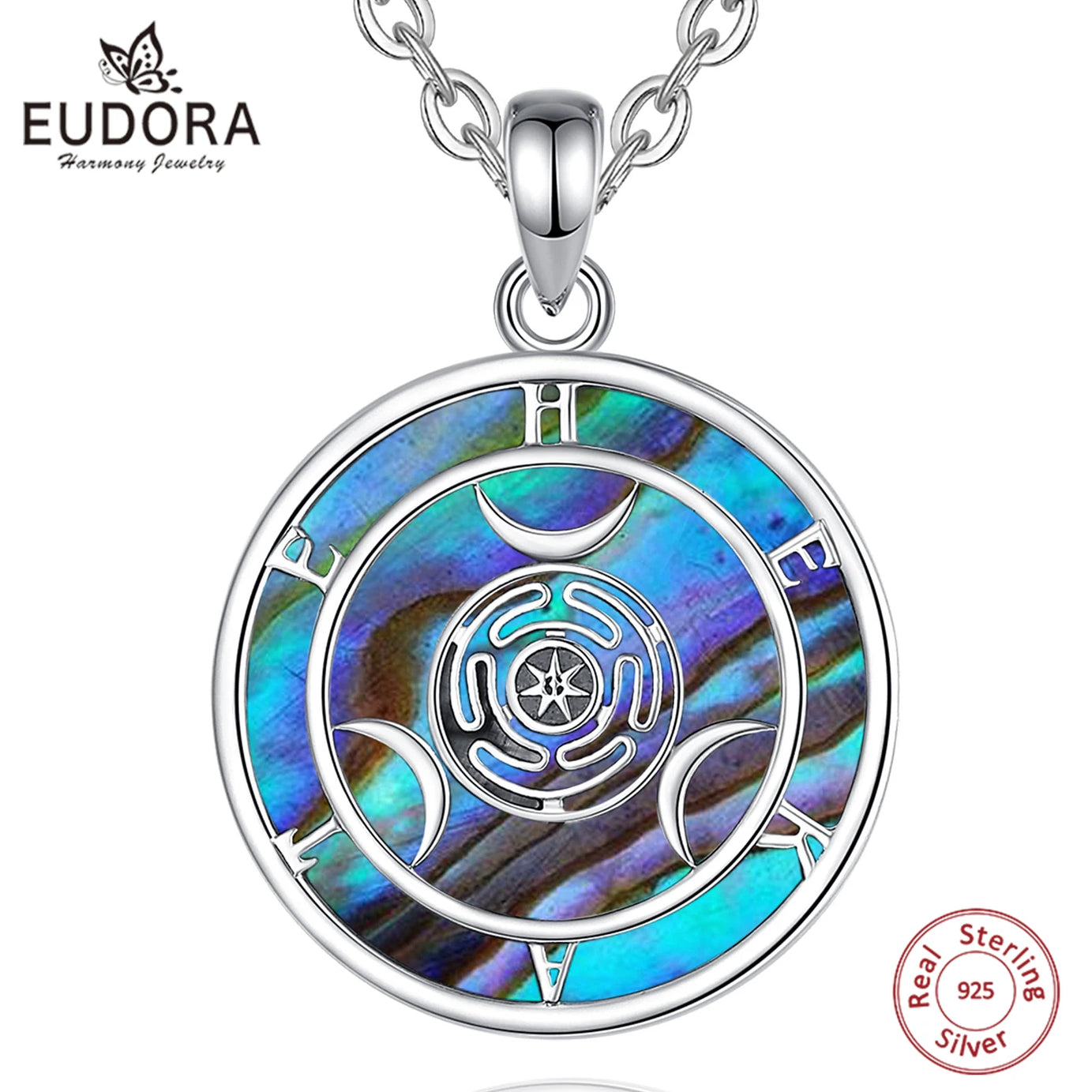 S925 Sterling Silver Hecate Wheel Pendant Necklace, Abalone Triple Moon Goddess Wiccan Amulet