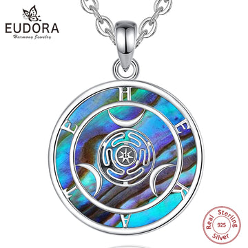 Eudora 925 Sterling Silver Hecate Wheel Necklace Abalone Triple Moon Goddess Amulet Pendant Wiccan Pagan Jewelry for Women Men