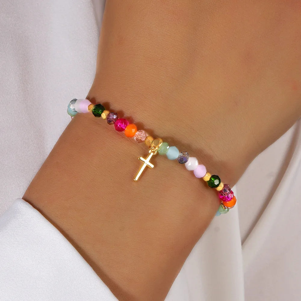 Cross Square Crystal Beads Bracelet for Women Boho Natural Stone Stretch Beach Jewelry Multi-Color Religious Baptism Jewelry