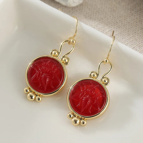 Vintage Luxury Synthetic Lapis Lazuli Hand Carved Bee Hook Earrings Women's Elegant Banquet Celebration Jewelry Accessories Gift - Charlie Dolly