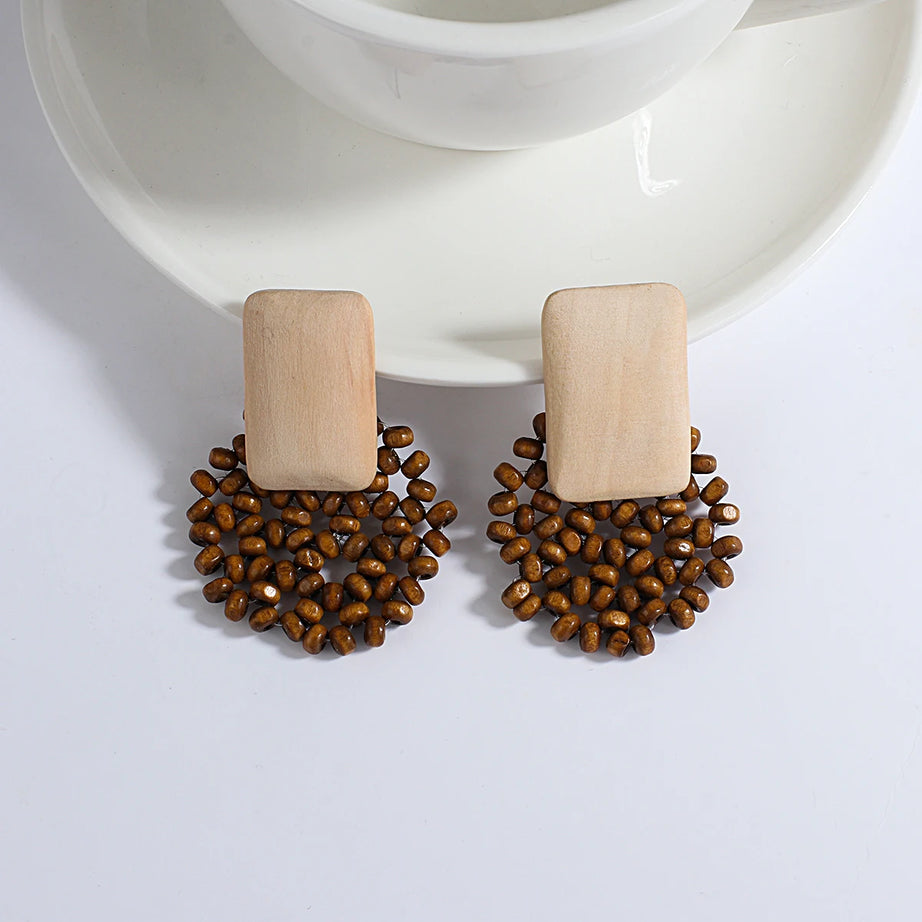 Wooden Rattan Braid Geometric Drop Earrings Jewelry