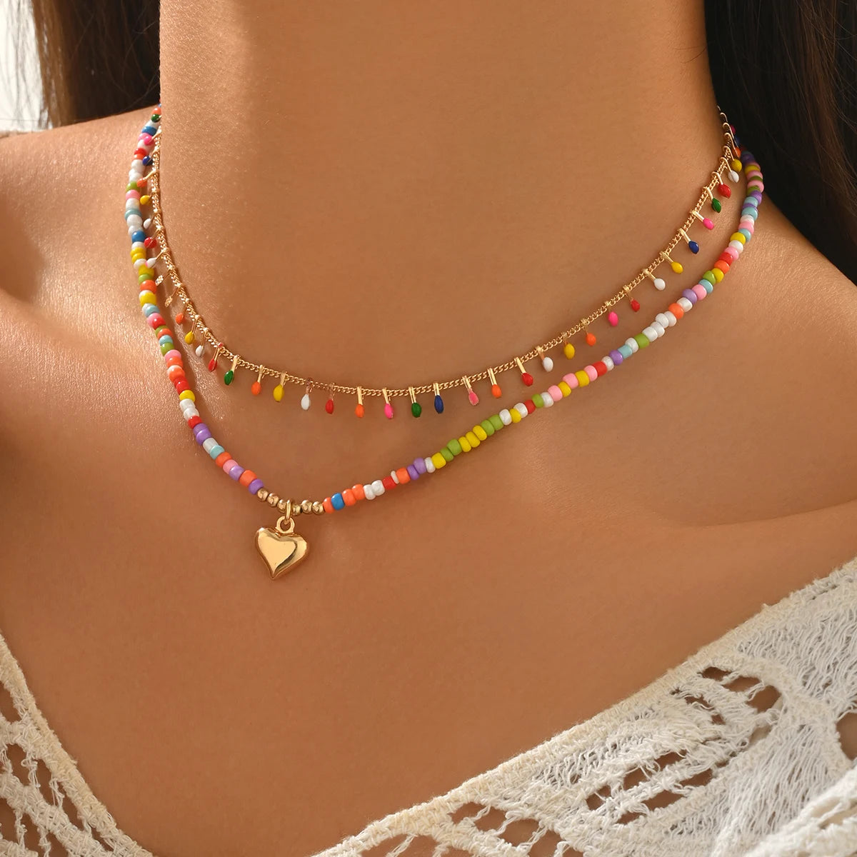 Rainbow Glass Bead Heart Choker Necklace Jewelry